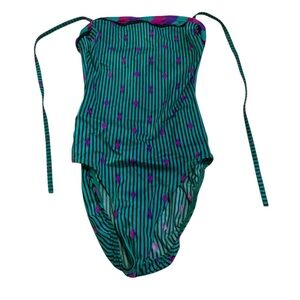 Vintage 80s 90s Teal Purple Magenta Stripe Strapless High Cut Swimsuit Small